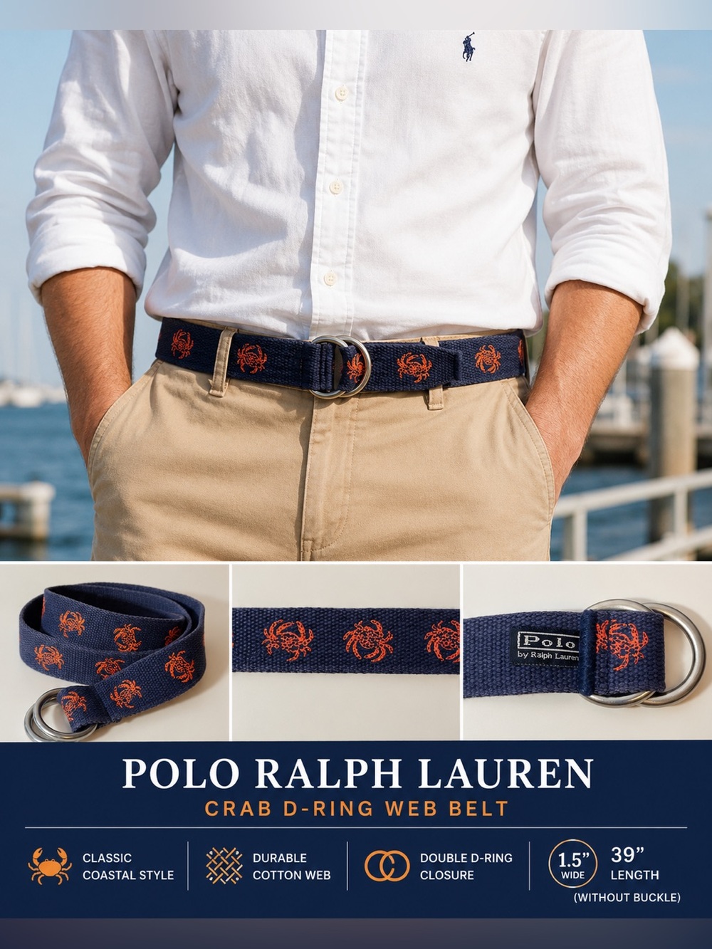 Polo Ralph Lauren Crab Print D Ring Web Belt Navy Orange Coastal Preppy 39"